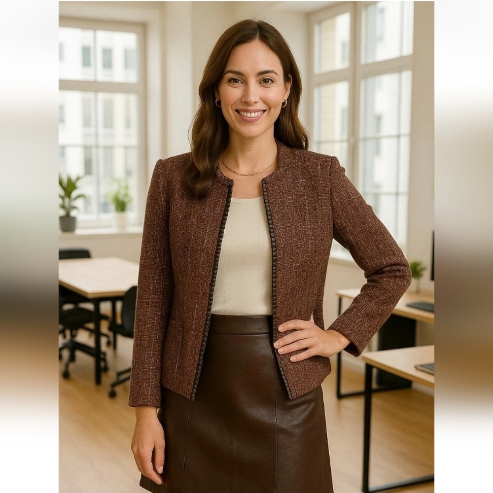 Lafayette 148 New York Tweed and Genuine Leather Blazer Size 8